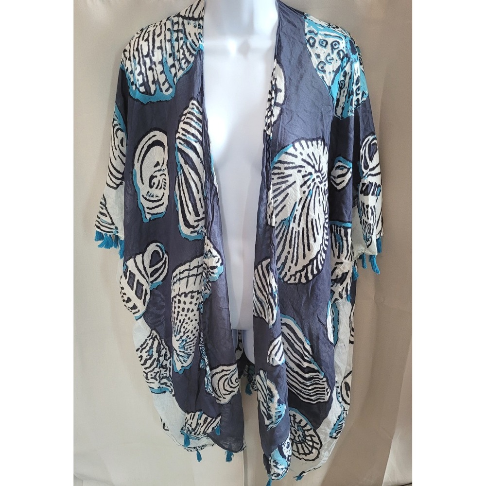 Paradise USA Womens Kimono Cardigan OS Seashell Tassel Trim Beach Nautical 21673